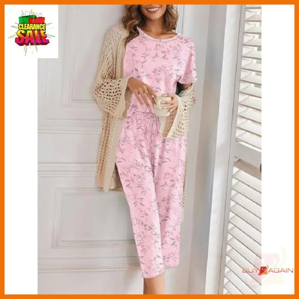 Soft Capri Pajama Set with Pocket, Short Sleeve Sleepwear, Loungewear - Picture 4 of 5